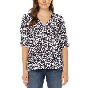 NWT Well Worn Women's Elbow Sleeve V Neck Blouse Black Floral Size M $60 4D042